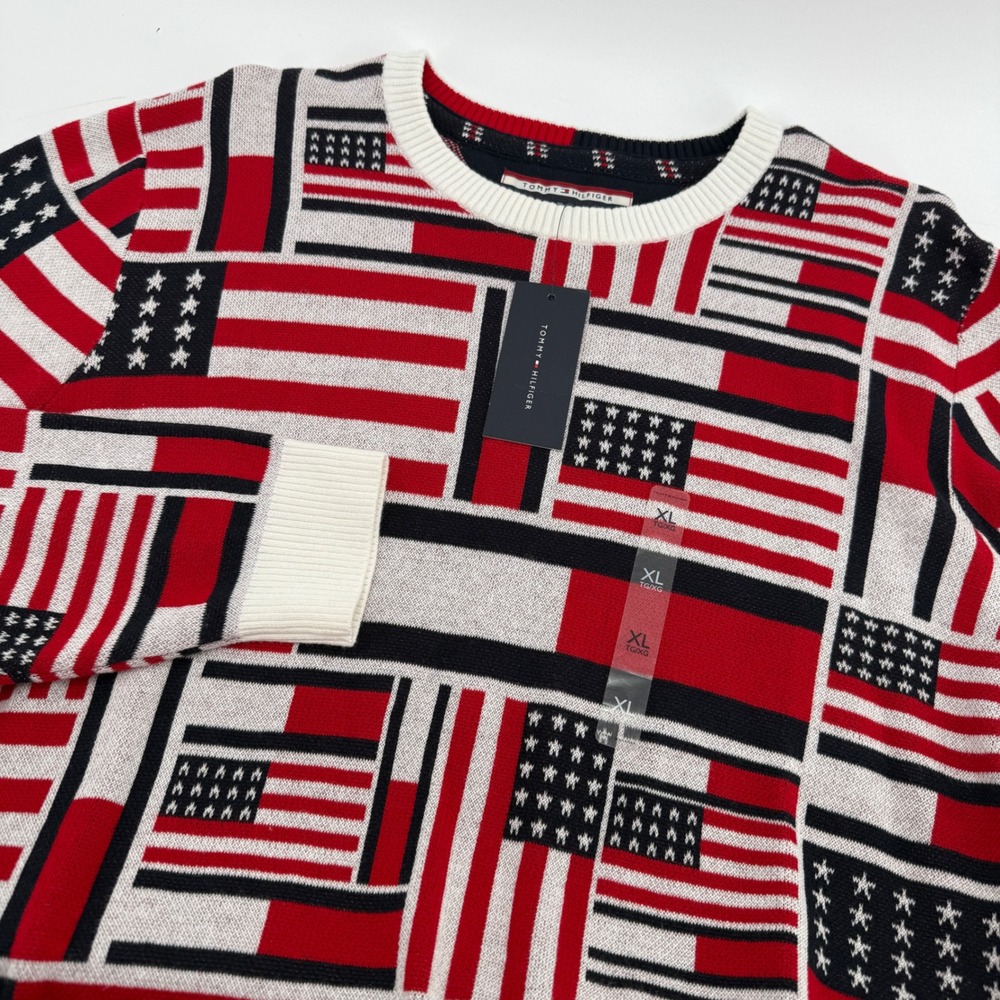 Tommy Hilfiger Mens American Flag Crewneck Sweater Red White Blue XL C8878B9207